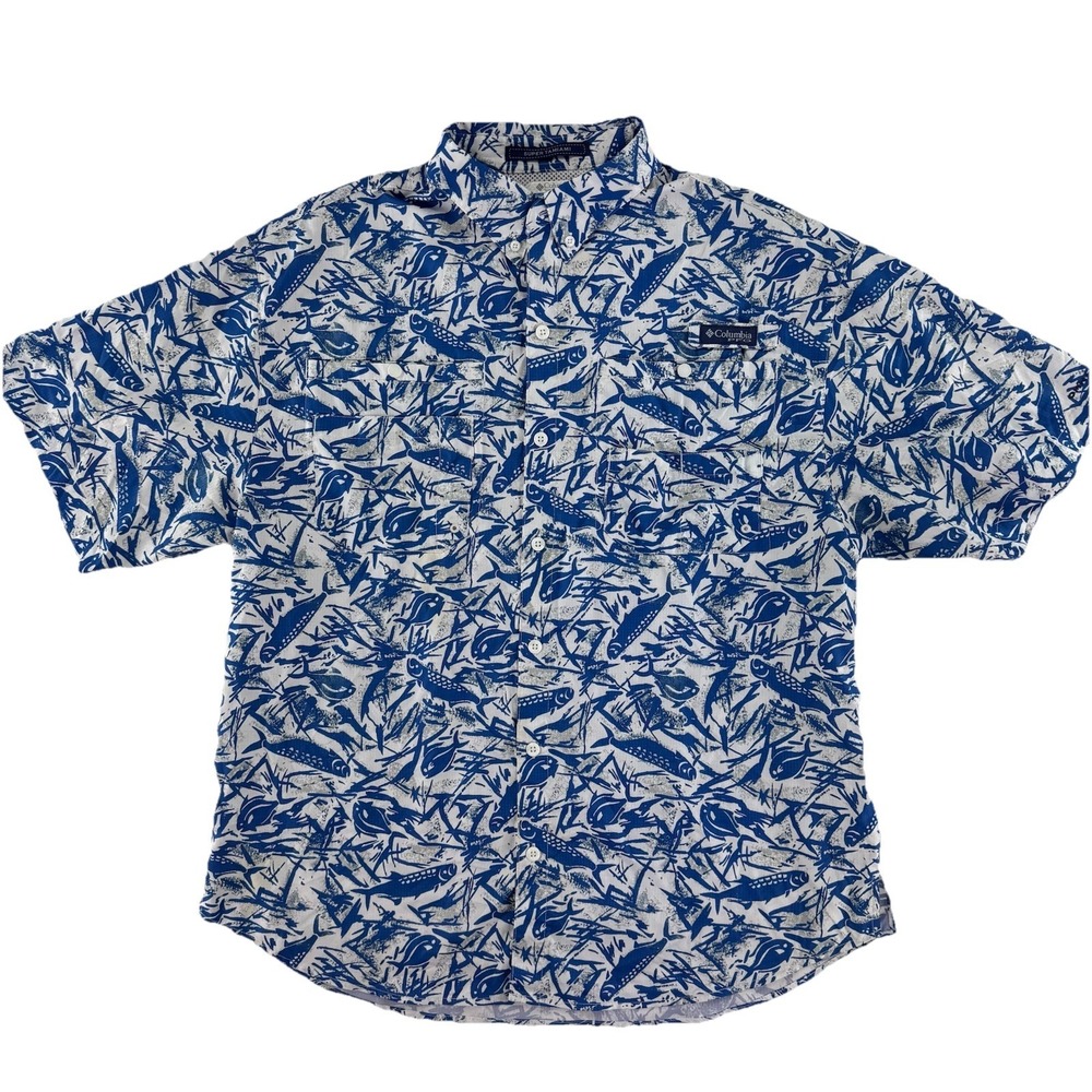Columbia‎ PFG Men's Fishing Vented Shirt Size L Super Tamiami Blue Fish